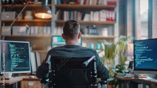 Fototapeta disabled adult man using wheelchair at office workplace generative ai