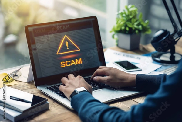 Fototapeta Cybersecurity alert: online scam warning on laptop screen
