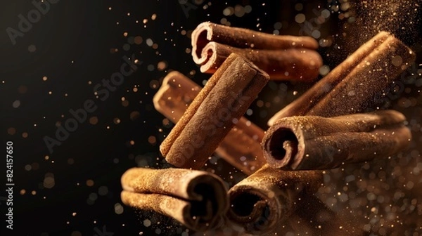 Fototapeta Photorealistic cinnamon slices and cinnamon dust splash
