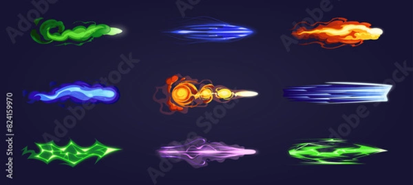 Fototapeta Vfx gun effect. Space weapon shot, blaster, laser, beam gun, plasma beams, lightning, smoke, raygun. Light visual effects. Colorful energy shot effects. 2D video game. Vector cartoon illustration.