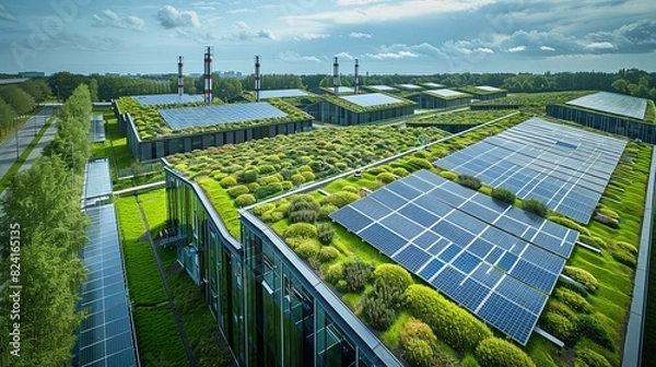 Obraz Aerial view of modern buildings with grass roofs and solar panels, showcasing green architecture and renewable energy solutions.