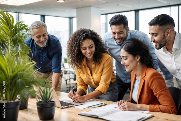 Obraz Diverse, multiracial creative team of people in the office, happy employees and ceo having brainstorming meeting, concept of teamwork and collaboration in business, healthy working environment