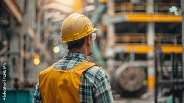 Fototapeta Unrecognizable engineering foreman with safety helmet looking at construction site of large factory generative ai