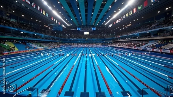 Fototapeta An Olympic-sized swimming pool with crystal clear water. The pool is surrounded by empty stands.