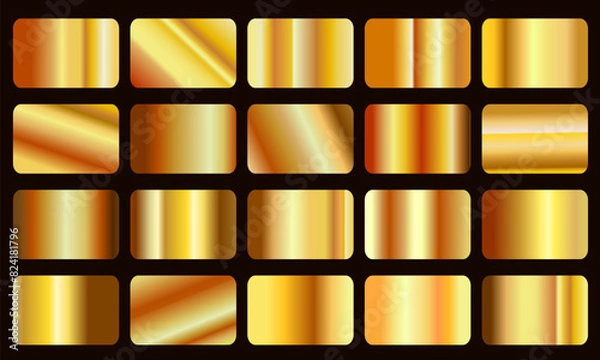Fototapeta Gold foil texture background set. Vector golden, copper, brass and metal, vector yellow gold gradients metallic gradients set, Set of gold gradients on black background. Vecktor illustration.