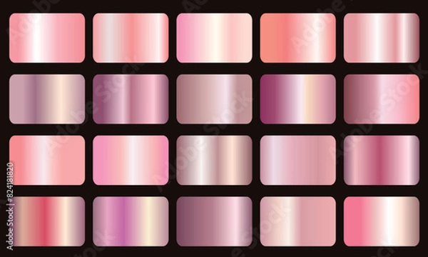 Fototapeta pink gradients metallic gradients set, Realistic pink gold gradient texture pack. Shiny golden rose metal foil gradient set. Gold rose foil texture set isolated on black background. Vector golden shin