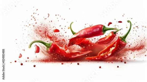 Obraz Photorealistic chilli pepper slices and red dust splash isolated on white background