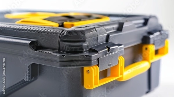 Fototapeta Close-up, robust toolbox with yellow accents, essential for home repairs, studio lighting, isolated on white, durable organizer