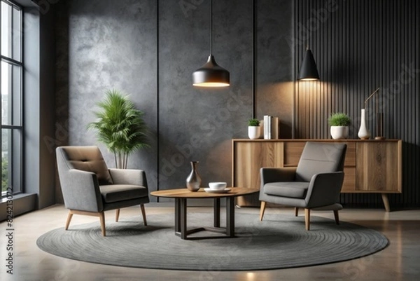 Fototapeta  Dark living room interior with round table and chairs, armchair with lamp on carpet on grey concrete floor. Relaxing area and sideboard with minimalist decor.
