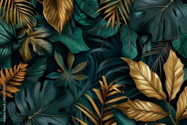 Fototapeta A composition of various green and golden leaves on a black background, creating an elegant tropical design with natural elements. 