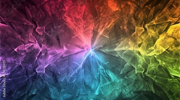 Fototapeta A rainbow colored gradient of digital art. The colors blend seamlessly from one to the next, creating an intricate pattern that resembles cracked glass or crystal. In the center is a large, dark