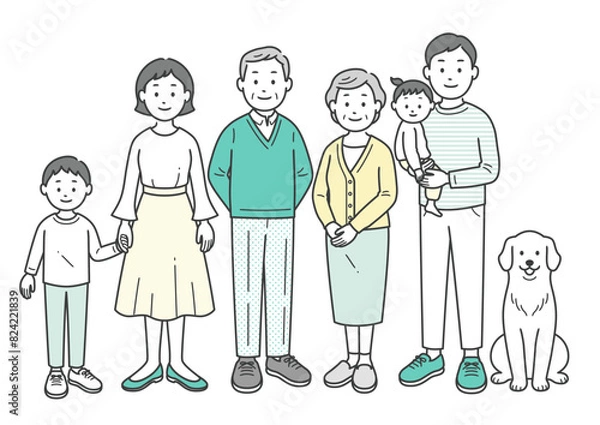 Fototapeta 三世代の家族とペットが集合した全身イラスト	
