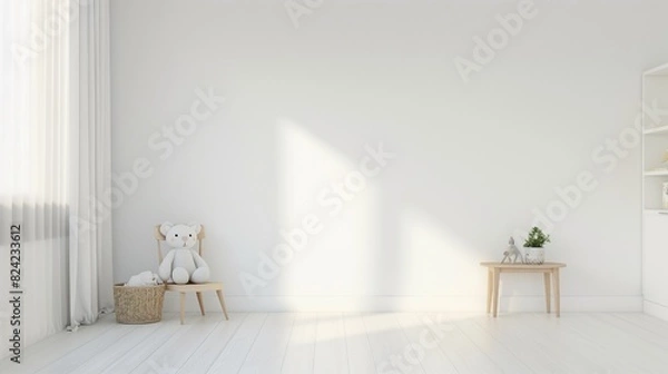 Fototapeta Mock up the wall in the children's room in light white color with a white background