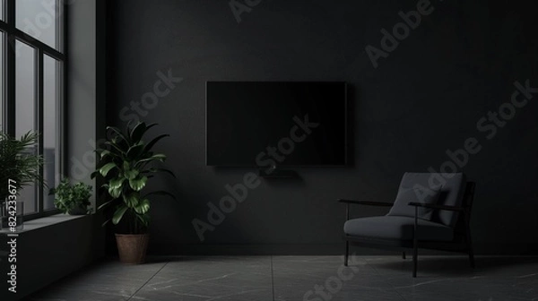 Fototapeta Mock up a TV wall mounted in a dark room with an armchair on the dark wall background.