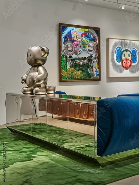 Obraz In one corner of the gallery stands a colorful sideboard with a sculpture of stacked stuffed teddy bears in different colors, a beige green patterned carpet covers the floor, and blue velvet sofas lea