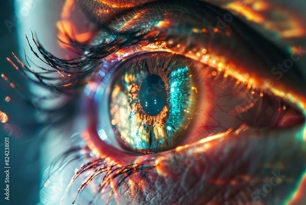 Fototapeta Realistic hologram of human eye and real eye close-up.Laser eye surgery, cataract, ophthalmologist