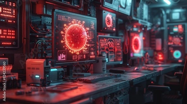 Fototapeta High-tech computer lab with multiple monitors showing red virus alerts and data, emphasizing cybersecurity and malware detection