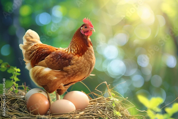 Fototapeta hen hatching eggs with nature background