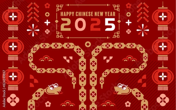 Fototapeta Happy chinese new year 2025 the snake zodiac sign with minimal trendy design modern flat geometric elements red paper cut style on color background. 