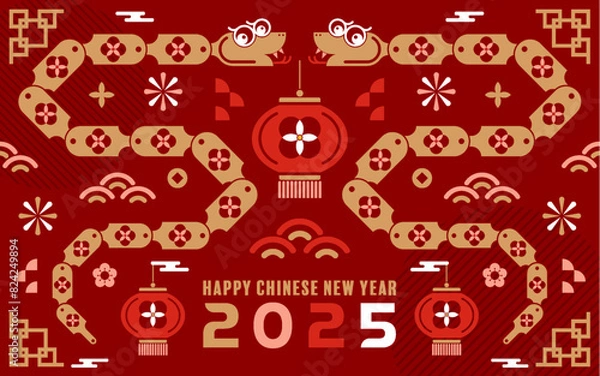 Fototapeta Happy chinese new year 2025 the snake zodiac sign with minimal trendy design modern flat geometric elements red paper cut style on color background. 