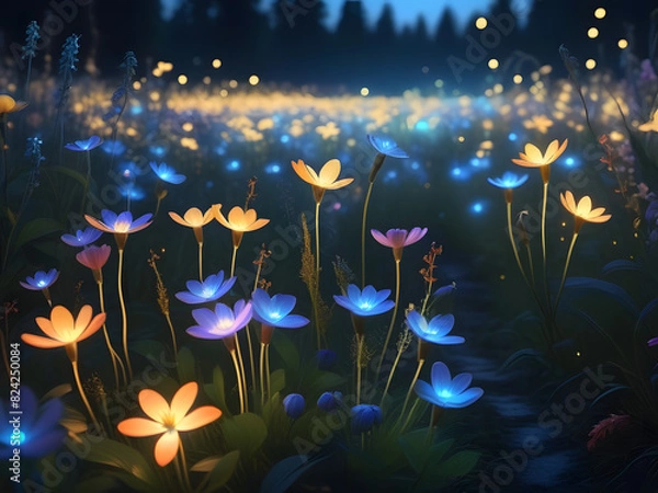 Fototapeta Fantasy forest. Fairy tale magical morning forest with glowing fireflies. Magical particles swirl among the fantastically enchanted trees. Mystical woods. sparkling lights