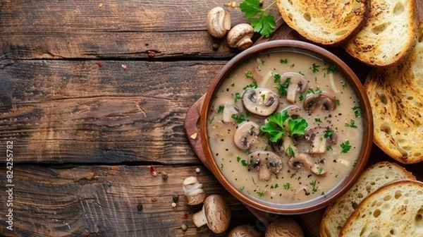 Fototapeta Mushroom Soup and Garlic Bread