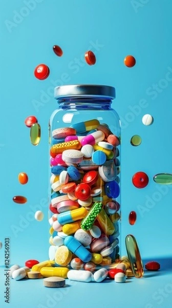 Fototapeta A glass bottle filled with tablet