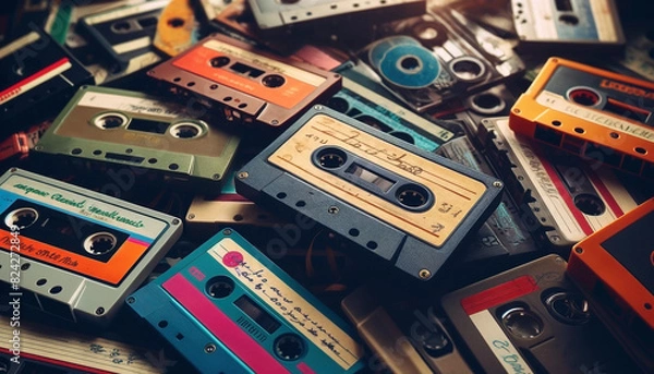 Fototapeta A close-up view of a pile of retro cassette tapes - Generative AI
