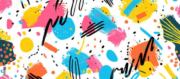 Fototapeta Playful abstract background with bright brush strokes and colorful shapes in Memphis pattern style