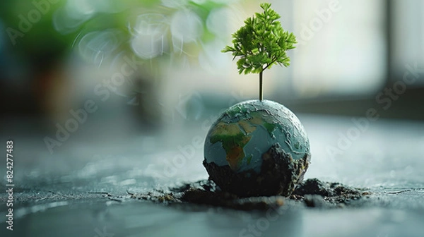 Fototapeta  Small Tree on Earth Globe -  a small tree growing on an Earth globe model, symbolizing environmental protection and green living.
