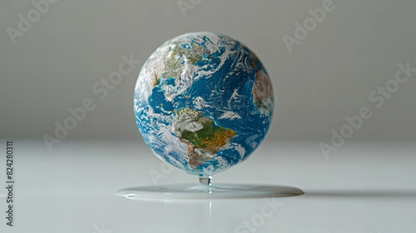 Obraz Earth Sphere on White Surface with Reflection -  Earth sphere resting on a white surface with a subtle reflection, symbolizing global awareness and environmental conservation.