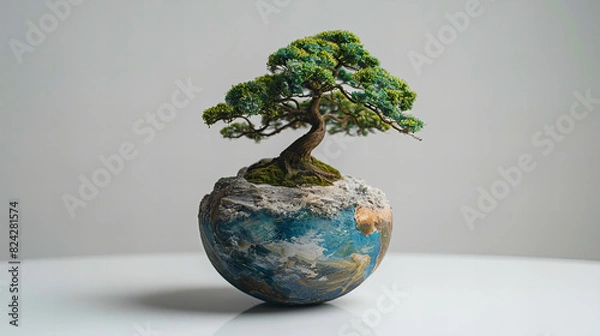 Fototapeta Earth Bonsai - a bonsai tree growing out of a model of the Earth, with a simple background, symbolizing environmental protection and the harmony of nature.