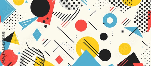 Obraz A vibrant and dynamic background illustration with bold geometric shapes, featuring bright colors like reds, yellows, blues, black dots, triangles, circles, and squares in an abstract pattern