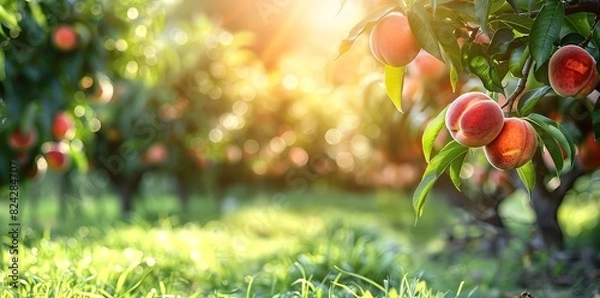 Obraz Peach trees with ripe peaches in an orchard, soft focus, sunny day, green grass on the ground, natural light, blurred background, wide angle shot, warm colors, peach tree garden. 