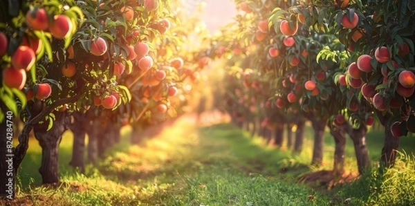 Obraz Peach trees with ripe peaches in an orchard, soft focus, sunny day, green grass on the ground, natural light, blurred background, wide angle shot, warm colors, peach tree garden.