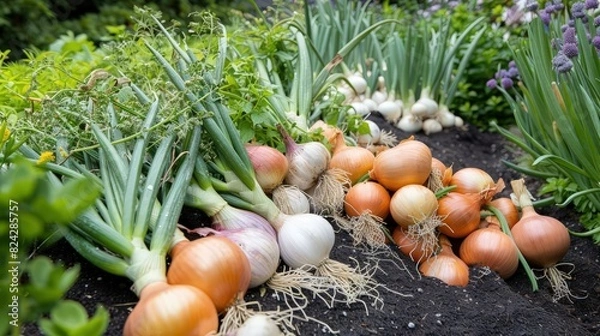 Fototapeta A vibrant garden bed showcasing rows of onions, garlic, and leeks, surrounded by a thriving herb garden.