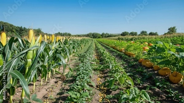 Fototapeta A well-tended vegetable field showcasing neat rows of corn, squash, and beans under a clear blue sky.