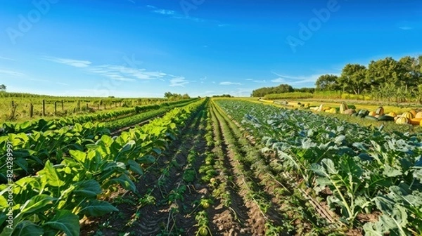 Fototapeta A well-tended vegetable field showcasing neat rows of corn, squash, and beans under a clear blue sky.
