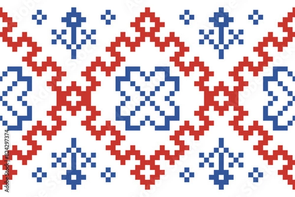 Fototapeta Cross Stitch embroidery seamless.Geometric pixel ethnic patterns. American, Mexican,African, mediterranean, nordic,Aztec style.Trendy folk art background design for products, fabric, ,print,decorate.