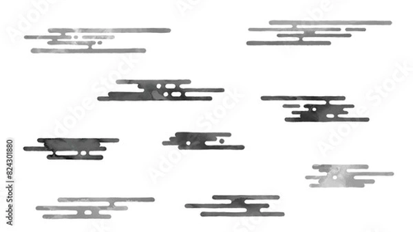 Fototapeta 横長の水墨画風の和柄の雲、エ霞の素材イラスト