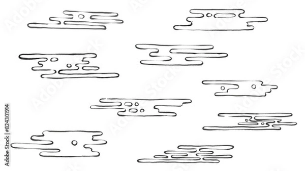 Obraz 横長の筆タッチの線画の和風の雲、エ霞の素材イラスト
