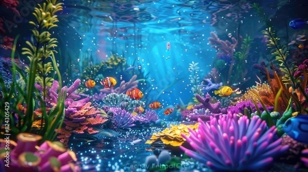 Fototapeta under water sea background with kinds fish and colorful reef, amazing view
