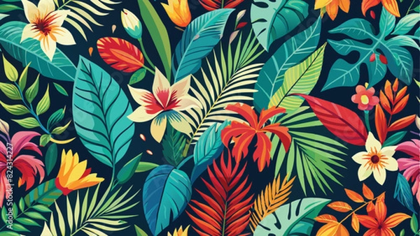 Fototapeta Seamless pattern of vibrant tropical leaves and exotic flowers, evoking the lushness of a tropical rainforest.