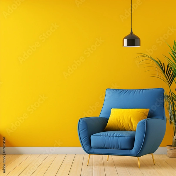 Fototapeta Home interior with blue armchair and sofa on empty yellow wall background,Minimal room- 3D rendering