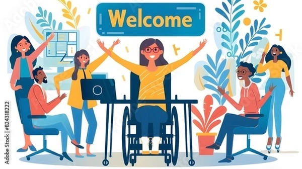 Fototapeta Diverse business people, disabled woman in wheelchair being hired, success and winning of DEI. Teamwork colleagues with handicapped worker friend, vector illustration, modern office at background.