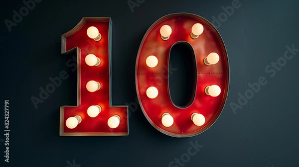 Fototapeta A large red light-up metal number "10" with white lamp lights on the edges of digit