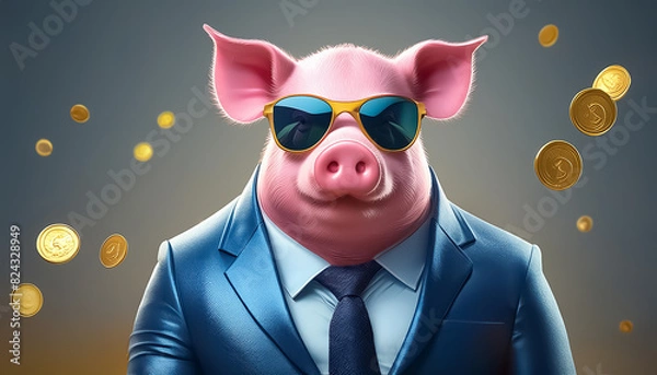 Obraz 
businessman with piggy bank, pig in suit, pig, money, suit