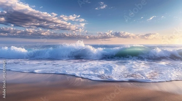 Fototapeta Rolling waves crashing gently against a sandy beach at dawn, with light cloud cover enhancing the peaceful atmosphere.