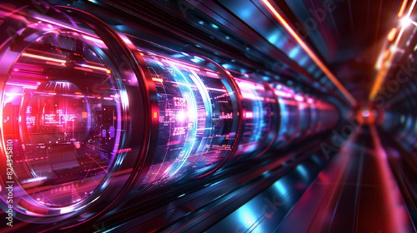 Fototapeta Neon tunnel quantum traverses the technological background of the metaverse

