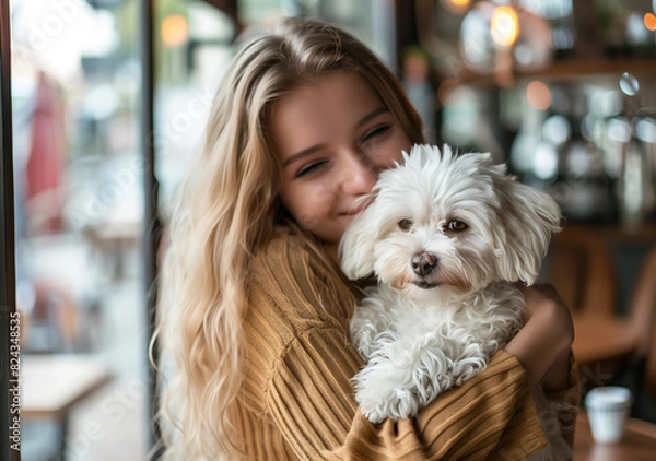 Fototapeta Portrait of beautiful young woman holding her dog in hands. Cute white dog in arms of loving owner. With dog in coffe shop.
